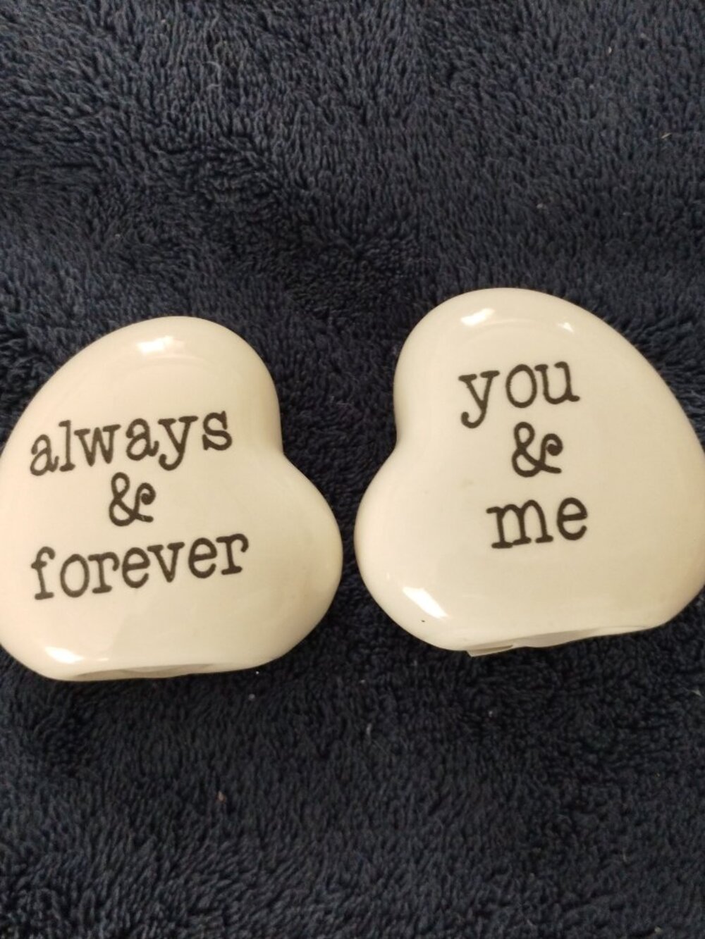 White- Always & Forever heart shaped/You & me heart shaped,salt & pepper shakers